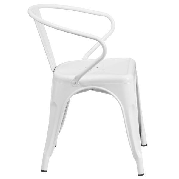 English Elm Owen Commercial Grade Metal Indoor-Outdoor Table Set with 2 Stackable Arm Chairs for Stylish Dining White 23.75" Square CH-31330-2-70-WH-GG