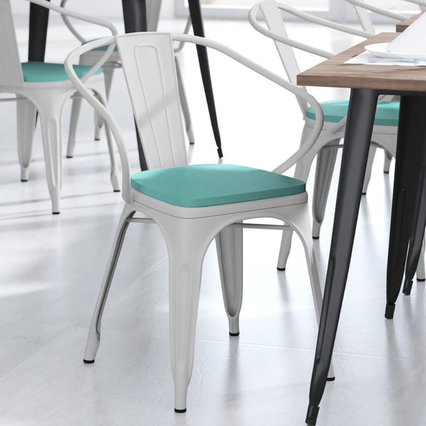 English Elm Luna Commercial Grade Metal Chair for Indoor-Outdoor Use - Durable, Stylish, and Stackable Design Mint Green Seat/White Frame CH-31270-WH-PL1M-GG