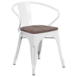 English Elm Luna Modern-Rustic Metal Bistro Chair with Wood Seat and Arms for Stylish Dining Spaces White CH-31270-WH-WD-GG