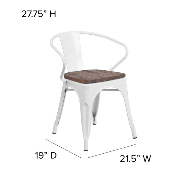 English Elm Luna Modern-Rustic Metal Bistro Chair with Wood Seat and Arms for Stylish Dining Spaces White CH-31270-WH-WD-GG