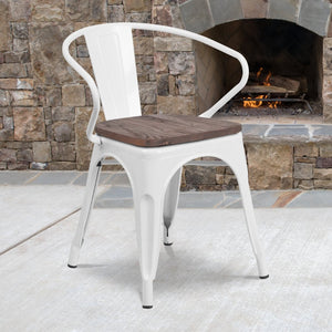 English Elm Luna Modern-Rustic Metal Bistro Chair with Wood Seat and Arms for Stylish Dining Spaces White CH-31270-WH-WD-GG