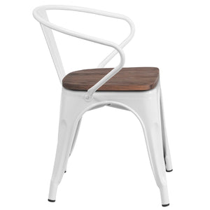 English Elm Luna Modern-Rustic Metal Bistro Chair with Wood Seat and Arms for Stylish Dining Spaces White CH-31270-WH-WD-GG