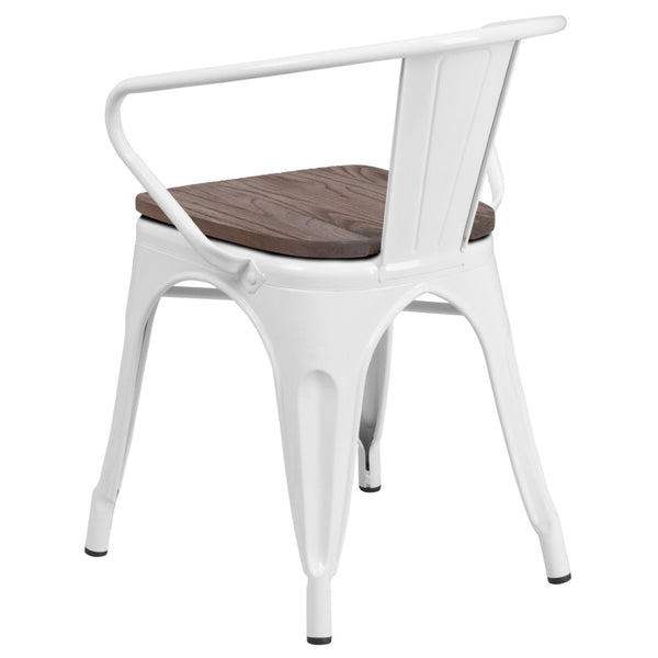 English Elm Luna Modern-Rustic Metal Bistro Chair with Wood Seat and Arms for Stylish Dining Spaces White CH-31270-WH-WD-GG