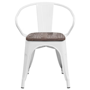 English Elm Luna Modern-Rustic Metal Bistro Chair with Wood Seat and Arms for Stylish Dining Spaces White CH-31270-WH-WD-GG