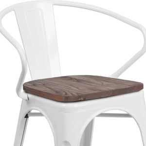 English Elm Luna Modern-Rustic Metal Bistro Chair with Wood Seat and Arms for Stylish Dining Spaces White CH-31270-WH-WD-GG