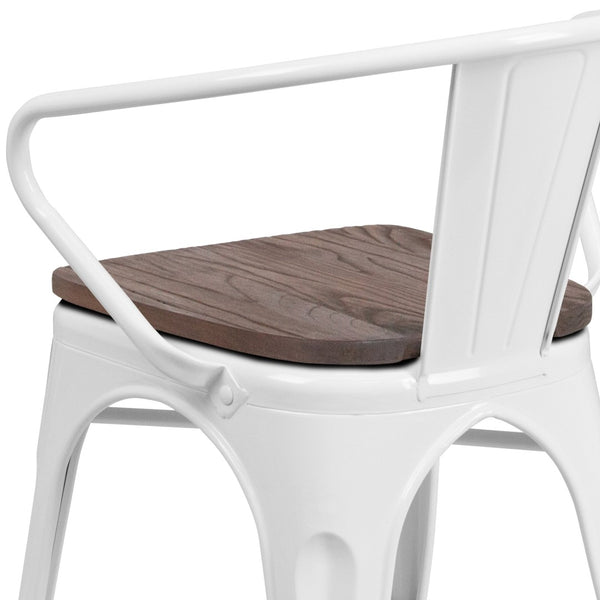 English Elm Luna Modern-Rustic Metal Bistro Chair with Wood Seat and Arms for Stylish Dining Spaces White CH-31270-WH-WD-GG