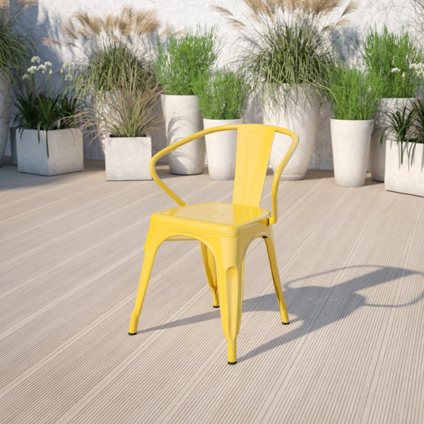English Elm Luna Commercial-Grade Metal Bistro Chair for Indoor-Outdoor Use with Arms and Easy Storage Solutions Yellow CH-31270-YL-GG