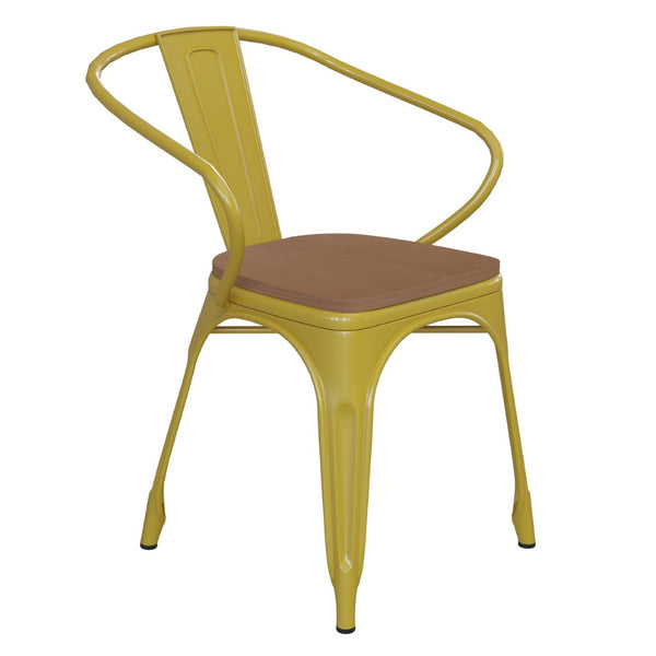 English Elm Luna Commercial Grade Metal Chair for Indoor-Outdoor Use - Durable, Stylish, and Stackable Design Teak Seat/Yellow Frame CH-31270-YL-PL1T-GG
