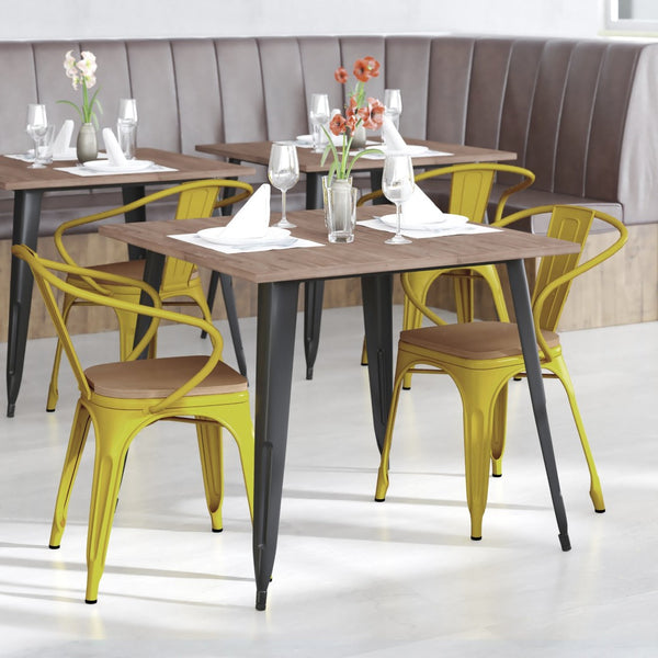 English Elm Luna Commercial Grade Metal Chair for Indoor-Outdoor Use - Durable, Stylish, and Stackable Design Teak Seat/Yellow Frame CH-31270-YL-PL1T-GG