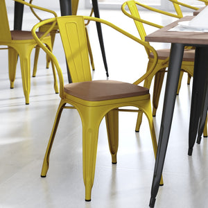 English Elm Luna Commercial Grade Metal Chair for Indoor-Outdoor Use - Durable, Stylish, and Stackable Design Teak Seat/Yellow Frame CH-31270-YL-PL1T-GG