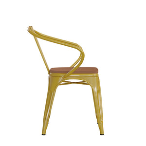 English Elm Luna Commercial Grade Metal Chair for Indoor-Outdoor Use - Durable, Stylish, and Stackable Design Teak Seat/Yellow Frame CH-31270-YL-PL1T-GG