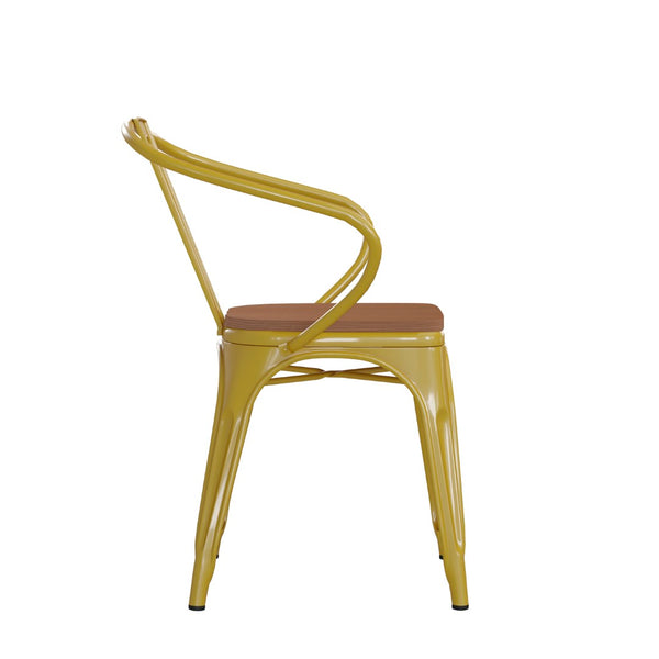 English Elm Luna Commercial Grade Metal Chair for Indoor-Outdoor Use - Durable, Stylish, and Stackable Design Teak Seat/Yellow Frame CH-31270-YL-PL1T-GG