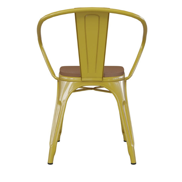 English Elm Luna Commercial Grade Metal Chair for Indoor-Outdoor Use - Durable, Stylish, and Stackable Design Teak Seat/Yellow Frame CH-31270-YL-PL1T-GG