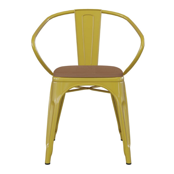 English Elm Luna Commercial Grade Metal Chair for Indoor-Outdoor Use - Durable, Stylish, and Stackable Design Teak Seat/Yellow Frame CH-31270-YL-PL1T-GG