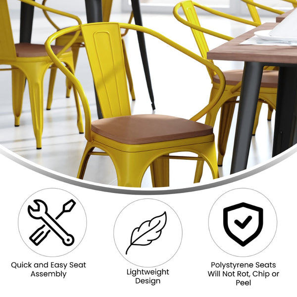 English Elm Luna Commercial Grade Metal Chair for Indoor-Outdoor Use - Durable, Stylish, and Stackable Design Teak Seat/Yellow Frame CH-31270-YL-PL1T-GG