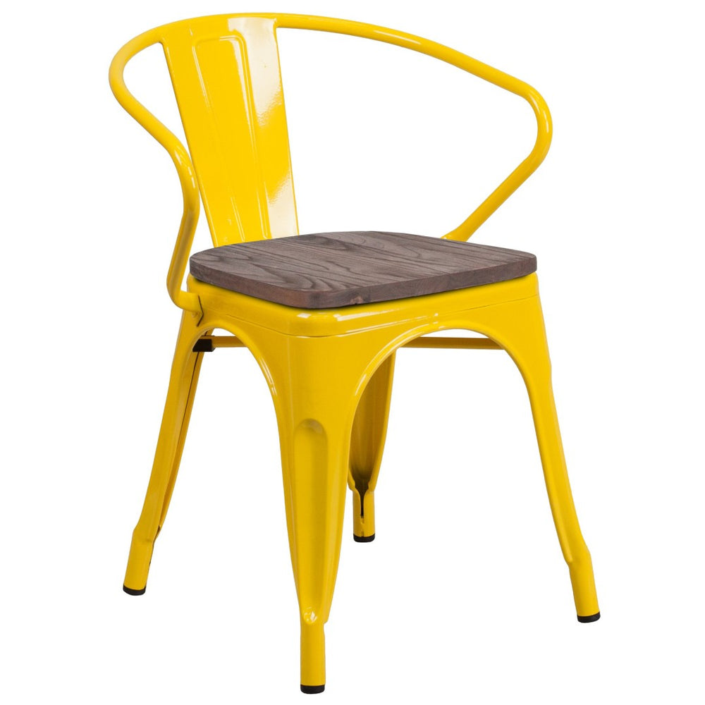 English Elm Luna Modern-Rustic Metal Bistro Chair with Wood Seat and Arms for Stylish Dining Spaces Yellow CH-31270-YL-WD-GG