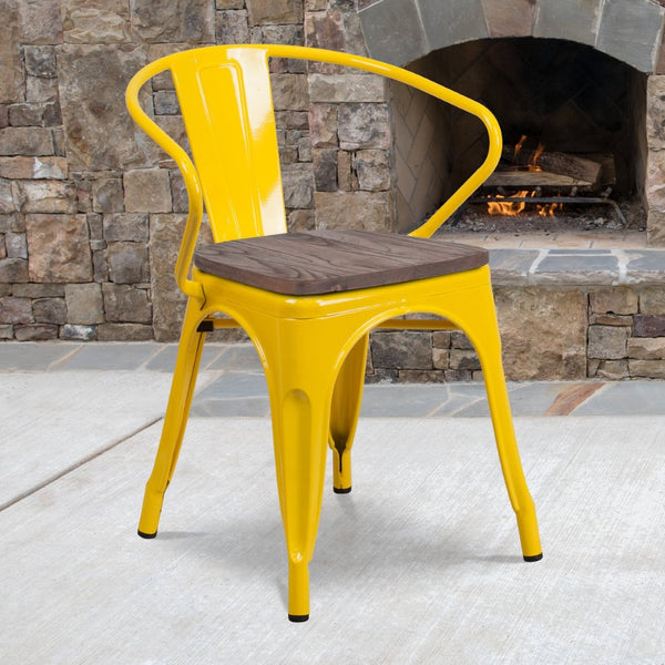 English Elm Luna Modern-Rustic Metal Bistro Chair with Wood Seat and Arms for Stylish Dining Spaces Yellow CH-31270-YL-WD-GG