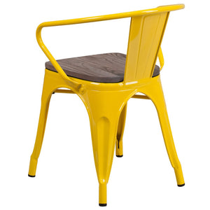 English Elm Luna Modern-Rustic Metal Bistro Chair with Wood Seat and Arms for Stylish Dining Spaces Yellow CH-31270-YL-WD-GG