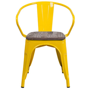 English Elm Luna Modern-Rustic Metal Bistro Chair with Wood Seat and Arms for Stylish Dining Spaces Yellow CH-31270-YL-WD-GG