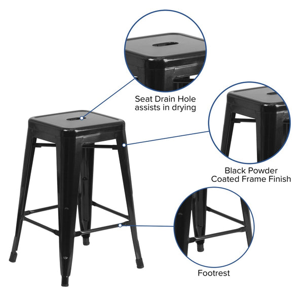 English Elm Kai Commercial Grade 24" High Backless Metal Counter Stool for Indoor-Outdoor Dining Spaces Black CH-31320-24-BK-GG