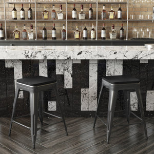 English Elm Kai Commercial Grade 24" Backless Metal Counter Stool for Indoor-Outdoor Use - Durable & Stylish Design Black Seat/Black Frame CH-31320-24-BK-PL2B-GG