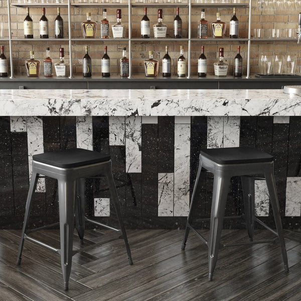 English Elm Kai Commercial Grade 24" Backless Metal Counter Stool for Indoor-Outdoor Use - Durable & Stylish Design Black Seat/Black Frame CH-31320-24-BK-PL2B-GG