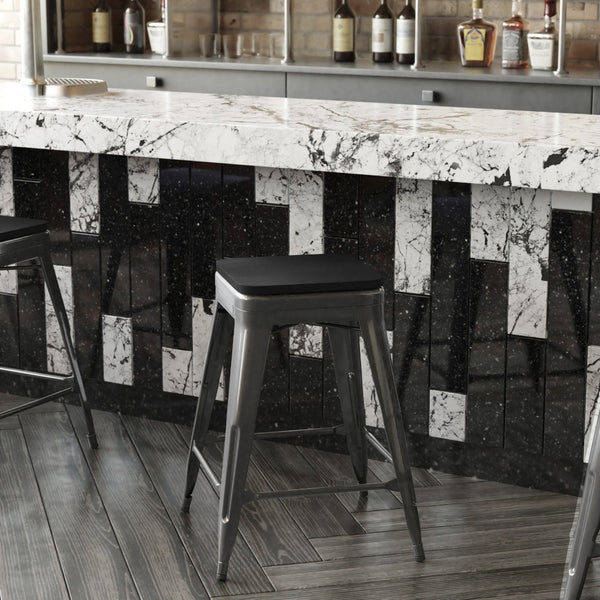 English Elm Kai Commercial Grade 24" Backless Metal Counter Stool for Indoor-Outdoor Use - Durable & Stylish Design Black Seat/Black Frame CH-31320-24-BK-PL2B-GG