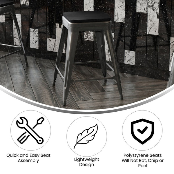 English Elm Kai Commercial Grade 24" Backless Metal Counter Stool for Indoor-Outdoor Use - Durable & Stylish Design Black Seat/Black Frame CH-31320-24-BK-PL2B-GG