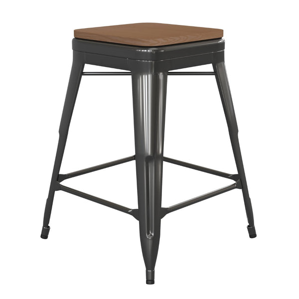 English Elm Kai Commercial Grade 24" Backless Metal Counter Stool for Indoor-Outdoor Use - Durable & Stylish Design Teak Seat/Black Frame CH-31320-24-BK-PL2T-GG