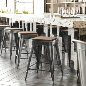 English Elm Kai Commercial Grade 24" Backless Metal Counter Stool for Indoor-Outdoor Use - Durable & Stylish Design Teak Seat/Black Frame CH-31320-24-BK-PL2T-GG