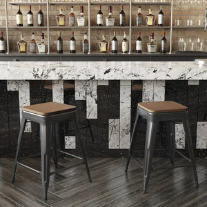 English Elm Kai Commercial Grade 24" Backless Metal Counter Stool for Indoor-Outdoor Use - Durable & Stylish Design Teak Seat/Black Frame CH-31320-24-BK-PL2T-GG