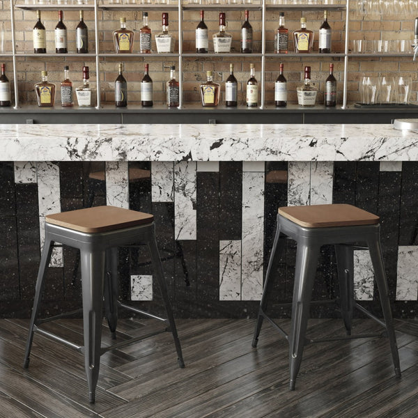 English Elm Kai Commercial Grade 24" Backless Metal Counter Stool for Indoor-Outdoor Use - Durable & Stylish Design Teak Seat/Black Frame CH-31320-24-BK-PL2T-GG