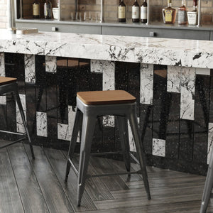 English Elm Kai Commercial Grade 24" Backless Metal Counter Stool for Indoor-Outdoor Use - Durable & Stylish Design Teak Seat/Black Frame CH-31320-24-BK-PL2T-GG