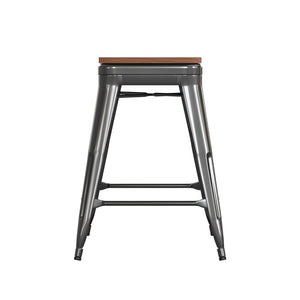English Elm Kai Commercial Grade 24" Backless Metal Counter Stool for Indoor-Outdoor Use - Durable & Stylish Design Teak Seat/Black Frame CH-31320-24-BK-PL2T-GG