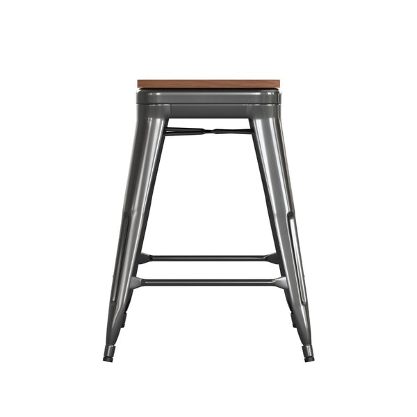 English Elm Kai Commercial Grade 24" Backless Metal Counter Stool for Indoor-Outdoor Use - Durable & Stylish Design Teak Seat/Black Frame CH-31320-24-BK-PL2T-GG