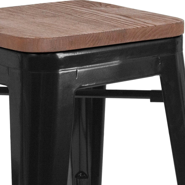 English Elm Lily 24" High Backless Metal Counter Stool with Stylish Wood Seat for Modern Industrial Spaces Black CH-31320-24-BK-WD-GG