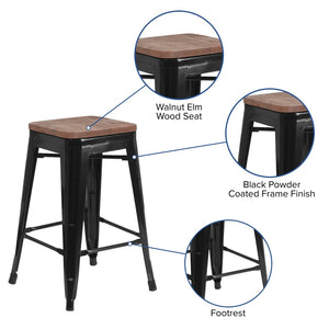 English Elm Lily 24" High Backless Metal Counter Stool with Stylish Wood Seat for Modern Industrial Spaces Black CH-31320-24-BK-WD-GG