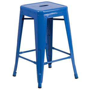 English Elm Kai Commercial Grade 24" High Backless Metal Counter Stool for Indoor-Outdoor Dining Spaces Blue CH-31320-24-BL-GG