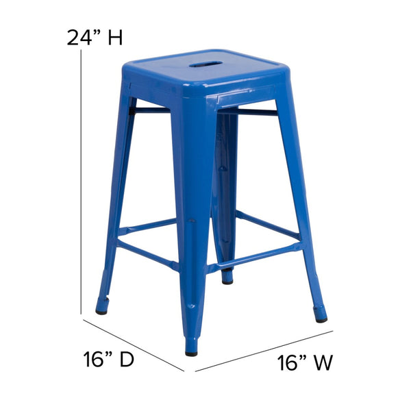 English Elm Kai Commercial Grade 24" High Backless Metal Counter Stool for Indoor-Outdoor Dining Spaces Blue CH-31320-24-BL-GG