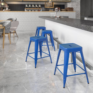 English Elm Kai Commercial Grade 24" High Backless Metal Counter Stool for Indoor-Outdoor Dining Spaces Blue CH-31320-24-BL-GG