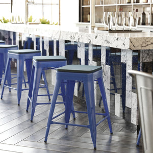 English Elm Kai Commercial Grade 24" Backless Metal Counter Stool for Indoor-Outdoor Use - Durable & Stylish Design Teal-Blue Seat/Blue Frame CH-31320-24-BL-PL2C-GG
