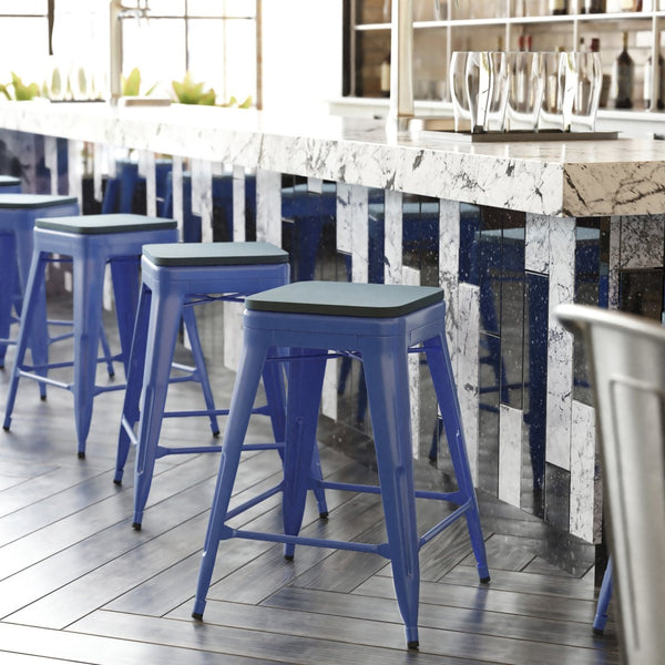 English Elm Kai Commercial Grade 24" Backless Metal Counter Stool for Indoor-Outdoor Use - Durable & Stylish Design Teal-Blue Seat/Blue Frame CH-31320-24-BL-PL2C-GG