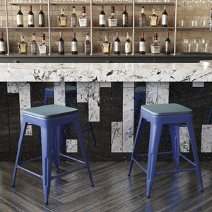 English Elm Kai Commercial Grade 24" Backless Metal Counter Stool for Indoor-Outdoor Use - Durable & Stylish Design Teal-Blue Seat/Blue Frame CH-31320-24-BL-PL2C-GG