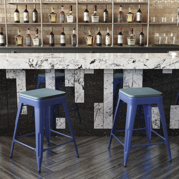 English Elm Kai Commercial Grade 24" Backless Metal Counter Stool for Indoor-Outdoor Use - Durable & Stylish Design Teal-Blue Seat/Blue Frame CH-31320-24-BL-PL2C-GG