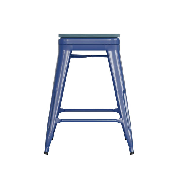 English Elm Kai Commercial Grade 24" Backless Metal Counter Stool for Indoor-Outdoor Use - Durable & Stylish Design Teal-Blue Seat/Blue Frame CH-31320-24-BL-PL2C-GG