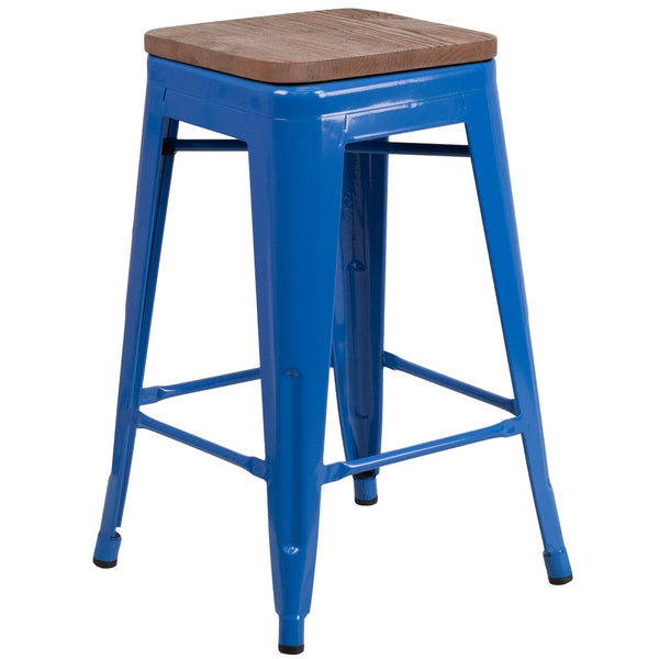 English Elm Lily 24" High Backless Metal Counter Stool with Stylish Wood Seat for Modern Industrial Spaces Blue CH-31320-24-BL-WD-GG