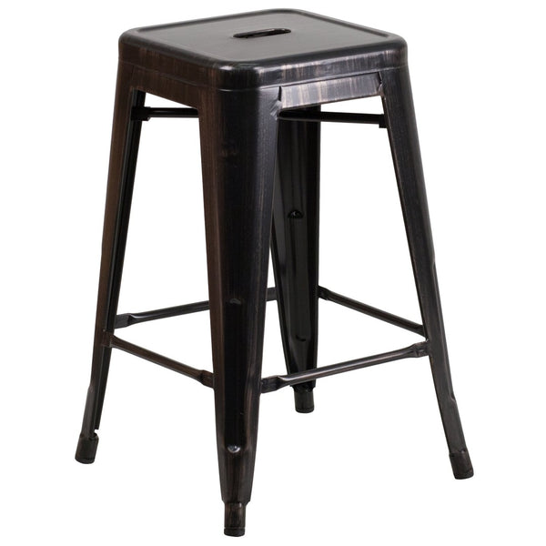 English Elm Kai Commercial Grade 24" High Backless Metal Counter Stool for Indoor-Outdoor Dining Spaces Black-Antique Gold CH-31320-24-BQ-GG