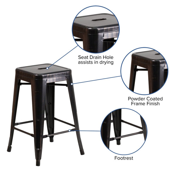 English Elm Kai Commercial Grade 24" High Backless Metal Counter Stool for Indoor-Outdoor Dining Spaces Black-Antique Gold CH-31320-24-BQ-GG