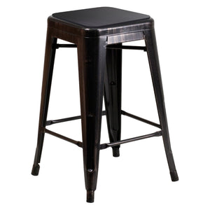 English Elm Kai Commercial Grade 24" Backless Metal Counter Stool for Indoor-Outdoor Use - Durable & Stylish Design Black Seat/Black-Antique Gold Frame CH-31320-24-BQ-PL2B-GG