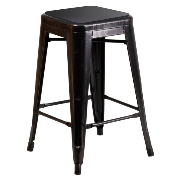 English Elm Kai Commercial Grade 24" Backless Metal Counter Stool for Indoor-Outdoor Use - Durable & Stylish Design Black Seat/Black-Antique Gold Frame CH-31320-24-BQ-PL2B-GG